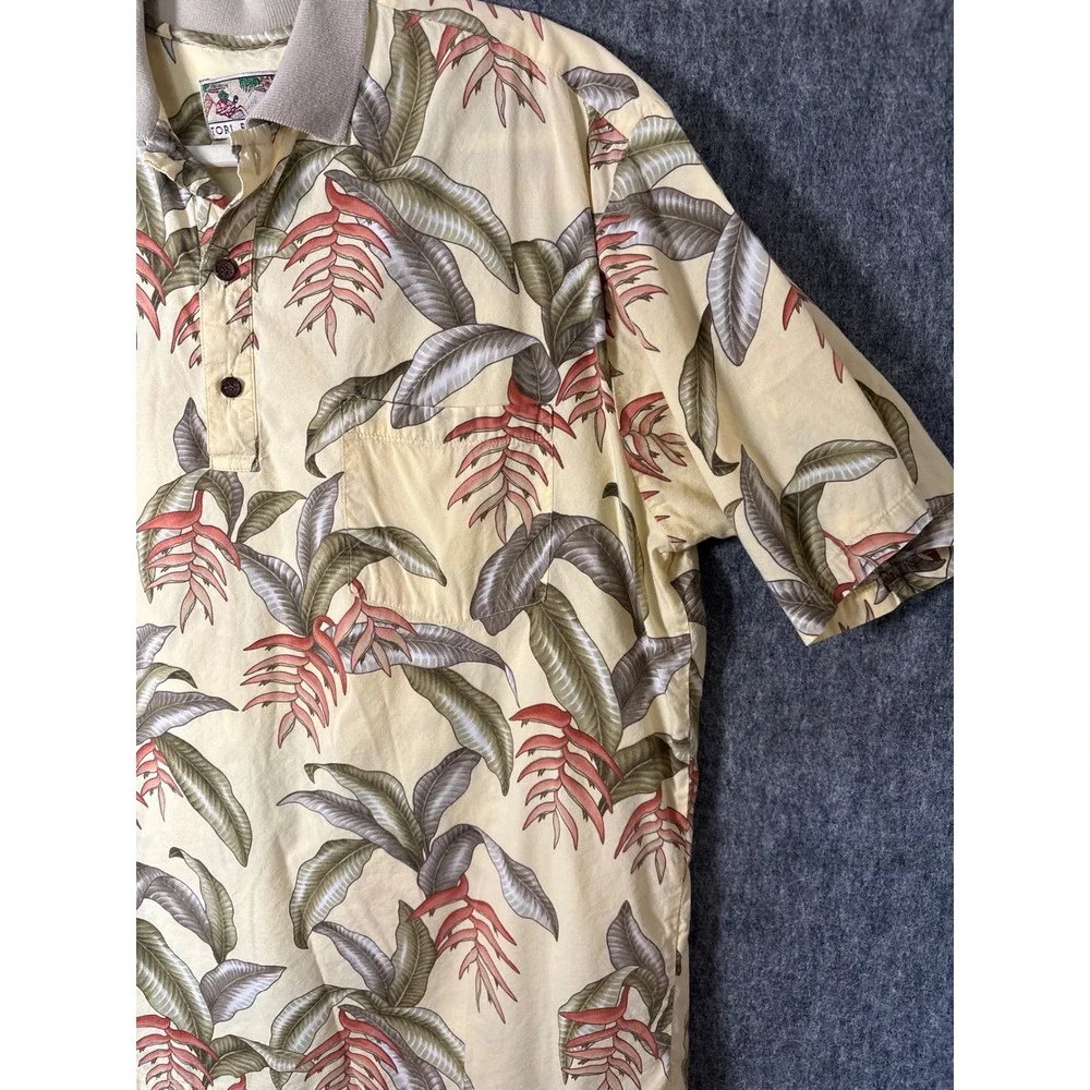 Tori Richard Mens Large Yellow Tropical Heliconia Palm Print Polo Hawaiian Shirt